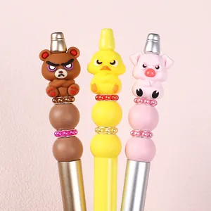 Simpatiche perline in silicone 3D con orso anatra e maiale su penne colorate con perline