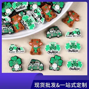 St Patrick's Day Silicone Beads For DIY Jewelry Making Lucky Shamrock Gnome Cow PVC Shoe Charms Straw Topper Decoration