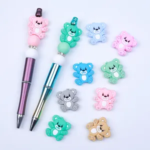 DIY beadable ballpoint pen kit with cute silicone teddy bear charms and colorful spacer beads