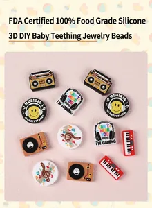 Detailed view of music themed food grade silicone beads including radio and vinyl shapes