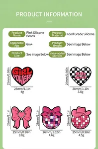 Détails de perles en silicone rose de qualité alimentaire avec formes de cœur et gravure