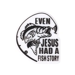 Fisherman PVC shoe charm with 'Even Jesus had a fish story' quote and rod graphic
