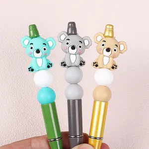 3D koala silicone bead pens in mint green, grey and yellow colors set of three pieces