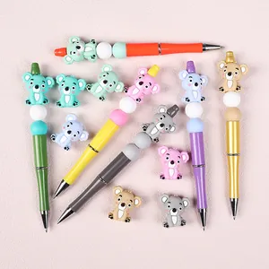Colorful 3D koala silicone beads DIY beaded ballpoint pen set with metallic barrels