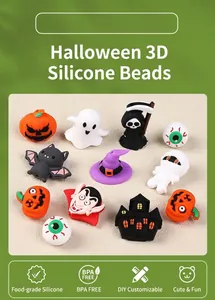 Detail of 3D Halloween silicone beads featuring pumpkin, bat and ghost for DIY crafts