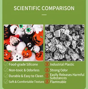 Quality comparison of Halloween silicone shoe charms showing safe food-grade material