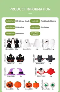 Detailed view of Halloween 3D silicone beads with dimensions and material specs