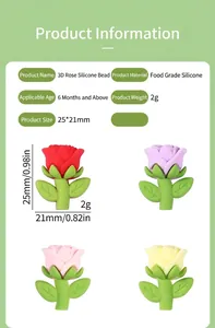 Détails des perles en silicone rose 3D montrant les dimensions 25x21mm et le matériau silicone