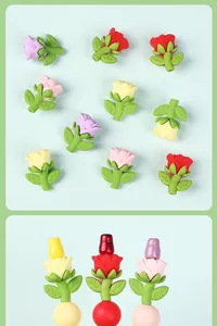Détail des protège-pailles en silicone en forme de rose 3D, rouge, rose et jaune