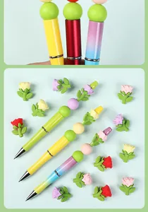 Détails de stylos à billes DIY avec fleurs de rose en silicone 3D et perles colorées