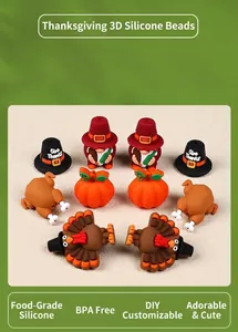 Detalle de cuentas 3D de silicona para Acción de Gracias con pavo, calabaza y gnomo