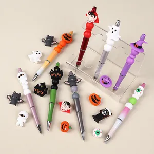 Halloween silicone bead ballpoint pen set featuring pumpkin bat and ghost motifs