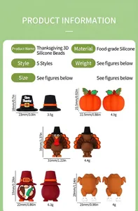 Detalle de cuentas de silicona 3D de pavo y calabaza para creación de joyas de Acción de Gracias