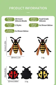 Detailed specs for 3D ladybug and wasp food-grade silicone beads for DIY jewelry