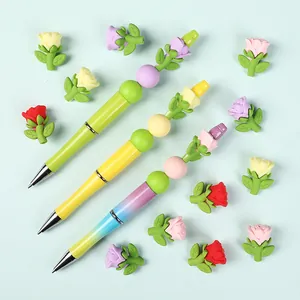 Kit de stylos à perles en silicone rose avec fleurs 3D colorées pour création de bijoux DIY
