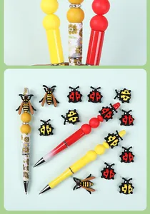 Detailed set of 3 beadable pens with colorful ladybug and bee silicone charms for DIY