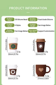 Vista detallada de cuentas de taza de café de silicona 3D con medidas y pesos
