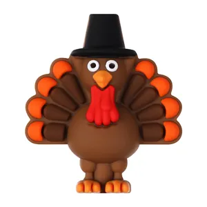 Cuenta de silicona pavo 3D con cuerpo marrón y plumas naranjas para collares Thanksgiving