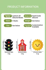 Detailed view of cartoon silicone beads including school, sun and traffic light for DIY crafts