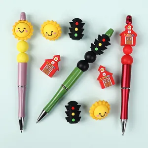 DIY bead pen set featuring cartoon sun and school house 3D silicone beads on metal pens
