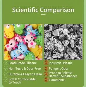 Comparison between high-quality food-grade silicone and poor plastic for cartoon shoe charms