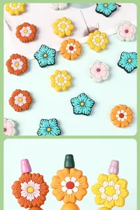 Macro view of multi-colored floral silicone charms for DIY pens and accessories