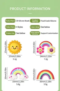 Detail showing 3D rainbow and sun silicone beads with specific dimensions and weight