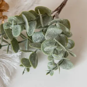 Close-up of frosted eucalyptus leaves with realistic white flocking for home decor