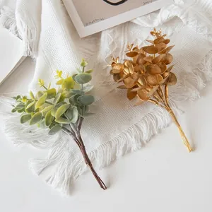 Single stem frosted green and gold eucalyptus leaves set for Nordic home flower vase decor