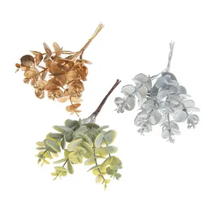 Artificial eucalyptus and money leaf stems in gold, silver, and natural green for vases
