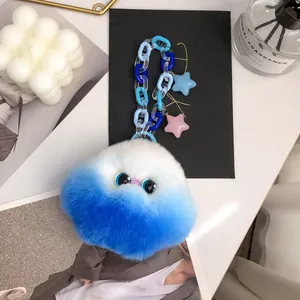 Blue gradient rex rabbit fur monster keychain with acrylic star chain for handbags