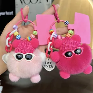Cute plush bear keychain with sunglasses and knitted hat in pink and rose red