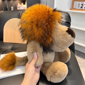 Detail view of large 45cm plush lion doll with fluffy rex rabbit fur mane and soft texture
