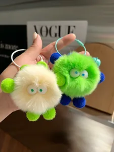 Close-up of soft faux fur monster keychain with vibrant colors and cartoon eyes