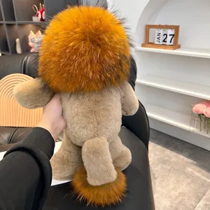 Large plush lion doll with fluffy orange mane and soft rabbit fur texture 45cm