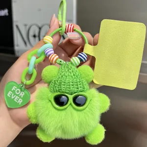 Macro detail of a plush green bear keychain featuring a knit hat and sunglasses
