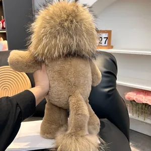 Detail of 45cm plush lion doll with dense brown mane and soft beige faux fur texture
