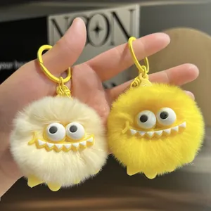 Cute Monster Plush Keychain Real Rex Rabbit Fur Coal Ball Bag Pendant For Women Kids Car Key Ring Cartoon Charm Accessory