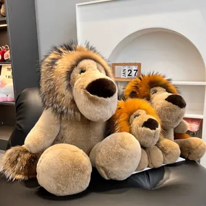 Three sizes of plush lion toys made of real Rex rabbit fur displayed on a dark base