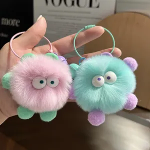 Cute Faux Rabbit Fur Monster Plush Keychain Pendant With Bell For Women Kids Backpack Bag Charm Car Key Accessory Gift
