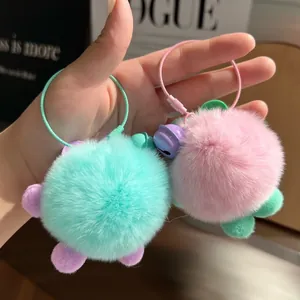 Cute fluffy rabbit fur charcoal ball keychain with bell and strap for bag decoration