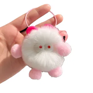 Cute fluffy white rabbit fur coal ball plush keychain with pink ears and red eyes