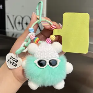 Detail of mint green plush bear charm with white knit hat, sunglasses and heart tag
