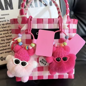 Cute faux rabbit fur coal ball bear pendant with mini hat and sunglasses charm