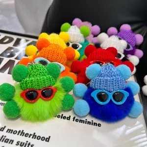 Cute faux rabbit fur keychain set with knitted hats and sunglasses for bag charms