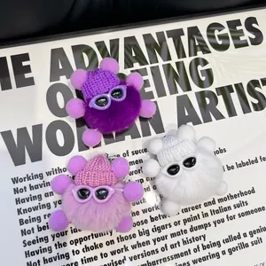 Plush ball keychains with cute knit hats and sunglasses in purple, pink, and white