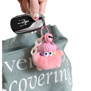 Pink rex rabbit fur monster keychain with knit hat and bell for handbag decor