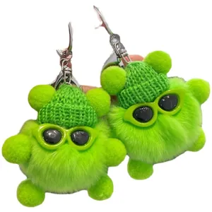 Cute neon green fluffy plush bear keychains with sunglasses and tiny knit beanies