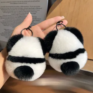 Cute Panda Real Rex Rabbit Fur Plush Keychain Bag Charm For Women Car Key Ring Ornament Animal Pendant Backpack Accessories Gift
