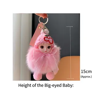 Detail of pink plush doll keychain with big eyes and fur showing size height of 15cm
